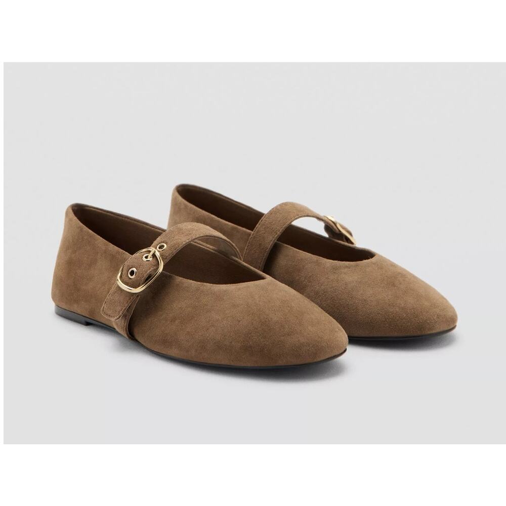 MNG Mango Sand Suede Goat Leather Mary Jane Flat Minimalist Buckle EU38 US7.5